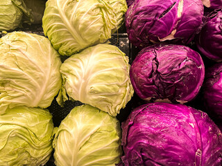 Fototapeta na wymiar A group of purple and green cabbage heads stacked