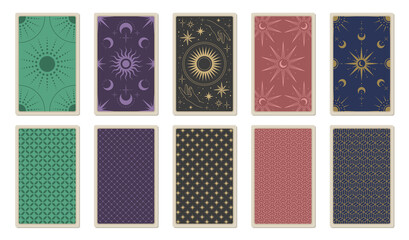 Back of tarot cards. Vector template for card deck with sun, moon, stars, hands, ornament and patterns. Magic and mystic design elements. Cards for astrology and esoteric. - obrazy, fototapety, plakaty