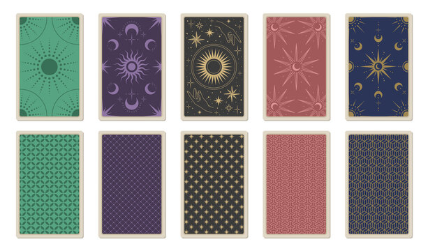 Back of tarot cards. Vector template for card deck with sun, moon, stars, hands, ornament and patterns. Magic and mystic design elements. Cards for astrology and esoteric.
