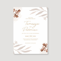 Elegant wedding invitation with watercolor leaves