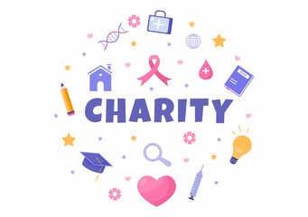 Love Charity or Giving Donation via Volunteer Team Worked Together to Help and Collect Donations for Poster or Banner in Flat Design Illustration