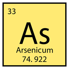 Arsenicum chemical symbol. Isolated icon. Periodic table element. Yellow background. Vector illustration. Stock image. 