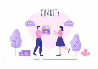 Love Charity or Giving Donation via Volunteer Team Worked Together to Help and Collect Donations for Poster or Banner in Flat Design Illustration