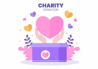 Love Charity or Giving Donation via Volunteer Team Worked Together to Help and Collect Donations for Poster or Banner in Flat Design Illustration