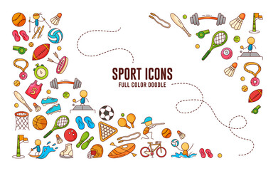 Sport Doodle Element, Sport Pattern Doodle, Hand Draw Doodle Sport, Sport Icon Set full color Filled Outline