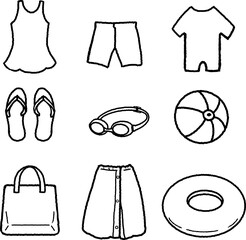 Line drawings, tools, swimming, swimwear