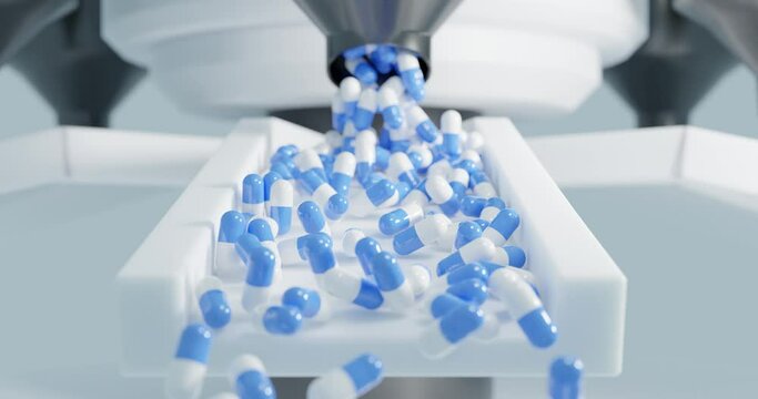 Many prescription drug trial medicine pill capsules on scientific medical equipment in a health care and pharmacology research lab as a treatment to cure virus and disease SLOW MOTION.