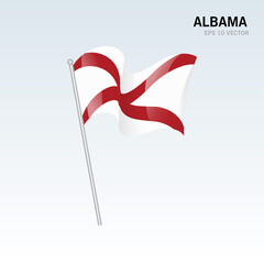 Waving flag of Alabama state of United States of America on gray background