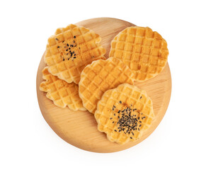 Crackers in wooden plate isolated on white background, with clipping path,  ready to serve as snacks with tea and coffee on happy time. 