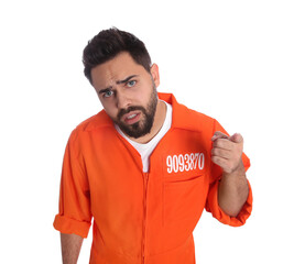 Prisoner in special jumpsuit on white background