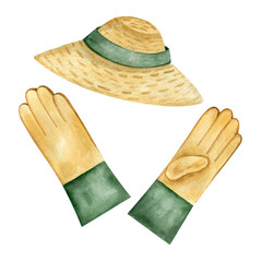 Collection watercolor gardening equipment. Florist  outfit clipart set. Straw hat and gloves.  Isolated clipart element on white background.