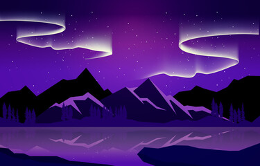 Obraz premium Beautiful Aurora Borealis Sky Light Snow Mountain Lake Polar Landscape Illustration