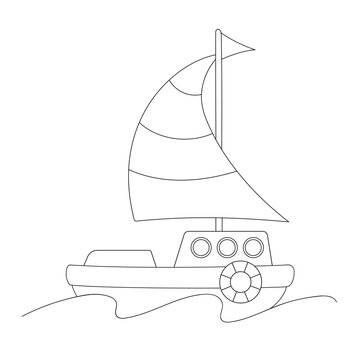 Vector black and white contour picture of a cute ship with sails and the sea on a white background. Coloring book pages for kids.