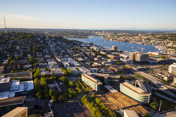 Seattle, Washington, USA - June 4 2021: Seattle skyline with Lake Union during summer sunset. View from Seattle needle.