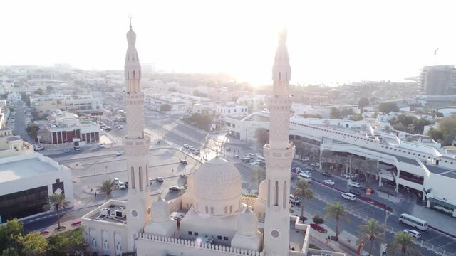 Beautiful shot of Jumeirah mosque in Dubai near La Mer Beach right before sunset.