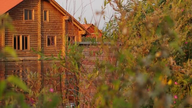 Swaying Leaves Of Flowering Plants With Rustic House By The Water At Background In Armenia. Static
