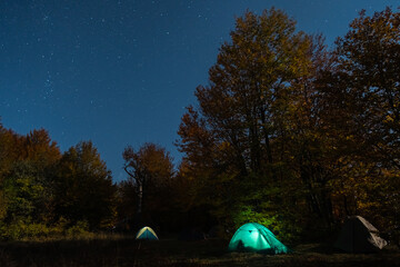 Tent camp in a forest clearing at night
