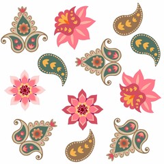 Mandalas, flowers and paisley isolated on white background. Oriental motives. Endless print for fabric.