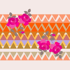 An original border of stripes of two-color rhombuses and bouquets of bright pink roses on top of them. Seamless print for fabric. - 476523512