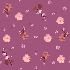 Seamless floral pattern with rosebuds, twigs of dolichos and pink bacopa flowers on light purple background. Print for fabric.
