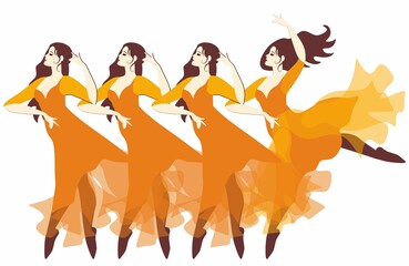 Beautiful young girls in orange dresses dance isolated on white background. Horizontal border.