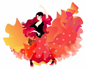 A beautiful Caucasian girl dressed in a traditional Spanish dress is dancing flamenco with a bright mantone soaring up like a bird.