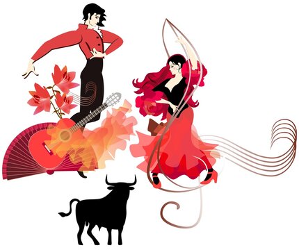 Symbols of traditional Spanish culture. Flamenco dancers in national costumes, acoustic guitar, fan, silhouette of a black bull isolated on a white background. Vector illustration.
