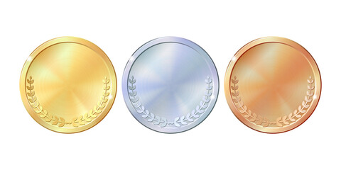 Set of gold, silver and bronze round empty medals. - obrazy, fototapety, plakaty