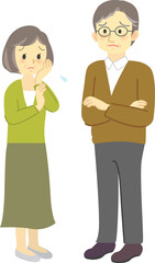 イラスト素材:老夫婦が向かい合って困った表情で思い悩む場面（男女の全身立ち姿）
