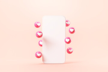 Fototapeta na wymiar Mobile phone with blank screen on white background with hearts, Love symbol, Valentine day concept. 3d render.