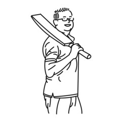 black line art man posing cricket playing style