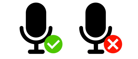 Microphone use allowed and microphone use prohibited icon set. A set of two vector icons: a check mark and a cross mark.