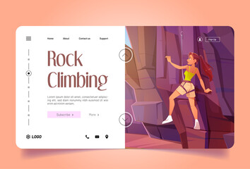 Rock climbing cartoon landing page, woman climb up the mountain. Female character mountaineer with ropes gear, sportive girl in harness healthy life and extreme sports activity, Vector illustration