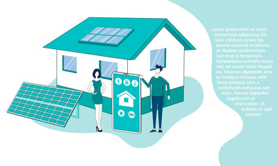 Smart home.Technology for controlling various functions of home electronics.Manage your home using the smartphone app.Illustration in the style of a landing page in green.