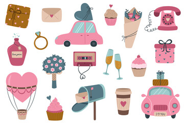 A set of Valentine's day elements. Cute cartoon style. Pink car, heart, bouquet of flowers, phone, cassette, gift box, love potion, mailbox, cake, envelope. Vector illustration