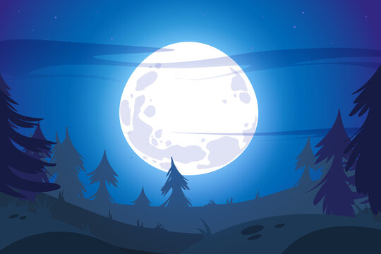 Full moon in night sky. Dark forest landscape with black silhouettes of trees. Vector cartoon illustration of coniferous woods in moonlight and glowing white circle in sky