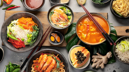 Asian dishes variety on gray background.
