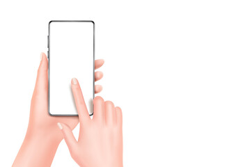 Obraz na płótnie Canvas Woman hand is holding the smartphone and is touching the screen that is blank and all object on white background,vector 3d virtual isolated for presentation design