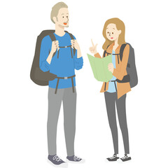 地図で道順を確認する日本を旅行中の男女の外国人バックパッカー