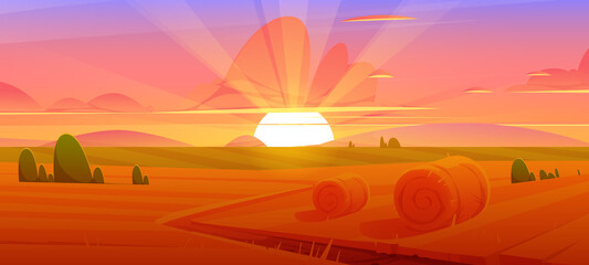 Rural landscape with hay bales on agriculture field at sunset. Vector cartoon illustration of countryside, farmland with round wheat straw rolls, haystacks and sun on horizon at evening