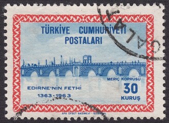 Meric Bridge - historic Ottoman bridge in Edirne. Conquest of Adrianople, stamp in Turkey 1963