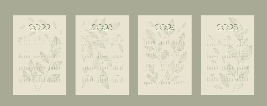 2022 2023 2024 2025 calendar with hand drawn leafs and branchs, planner organizer template in green natural eco style, vertical format