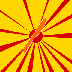 Kitchen knife symbol on a background of red flash explosion radial lines. The large orange symbol is located in the center of the sun, symbolizing the sunrise. Vector illustration on yellow background