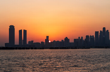 Dubai, UAE - 12.03.2021 View of Dubai skyline, shot made from Jadaf walk.City