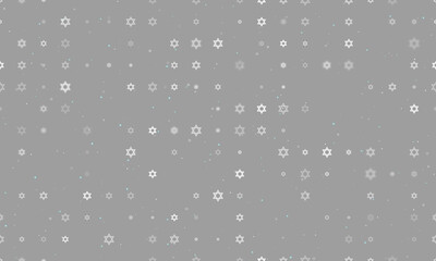 Seamless background pattern of evenly spaced white star of David symbols of different sizes and opacity. Vector illustration on gray background with stars