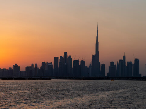 Dubai, UAE - 12.03.2021 View of Dubai skyline, shot made from Jadaf walk.City