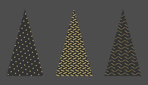 Set of golden stylized Christmas trees on black background. Festive decoration. Flat vector illustration with gradient