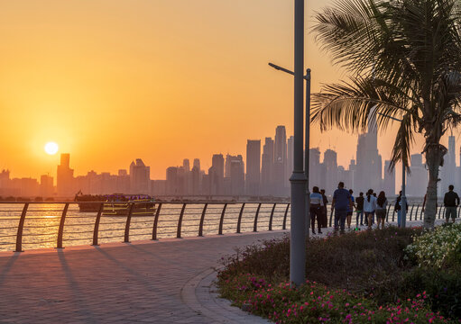 Dubai, UAE - 12.03.2021 View of Dubai skyline, shot made from Jadaf walk.City