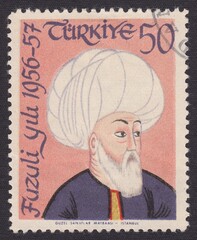 Portrait of Magomed Suleiman oglu Fuzuli - poet and thinker of the XVI century from Iraq, stamp Turkey 1957