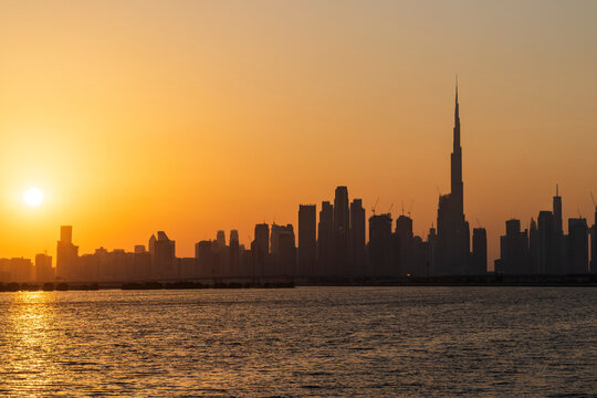 Dubai, UAE - 12.03.2021 View of Dubai skyline, shot made from Jadaf walk.City